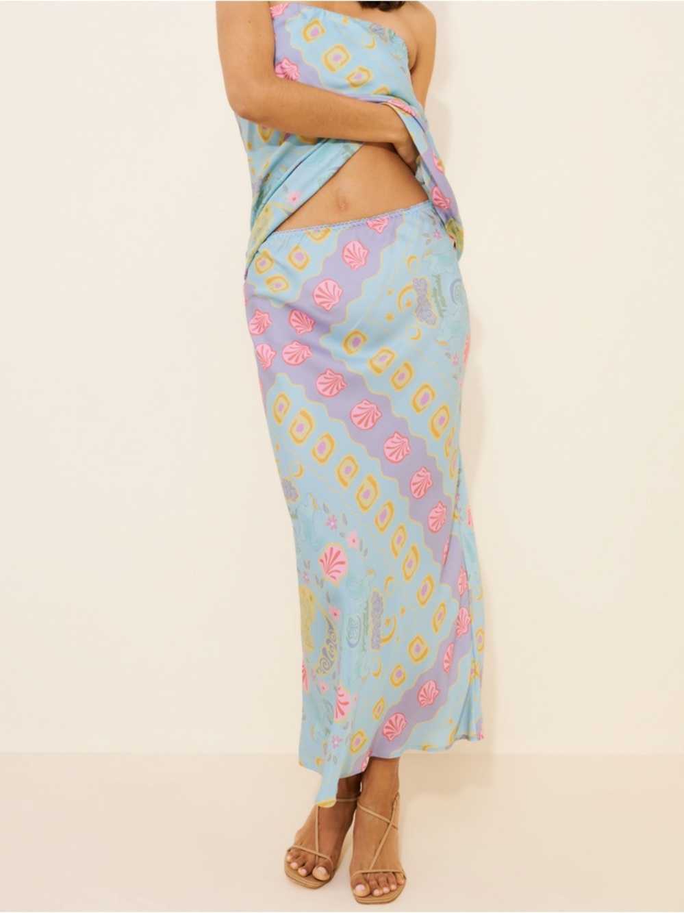 Spell Aquarius Bias Maxi Skirt Sky Blue Small Seashell Pattern Coastal Tencel